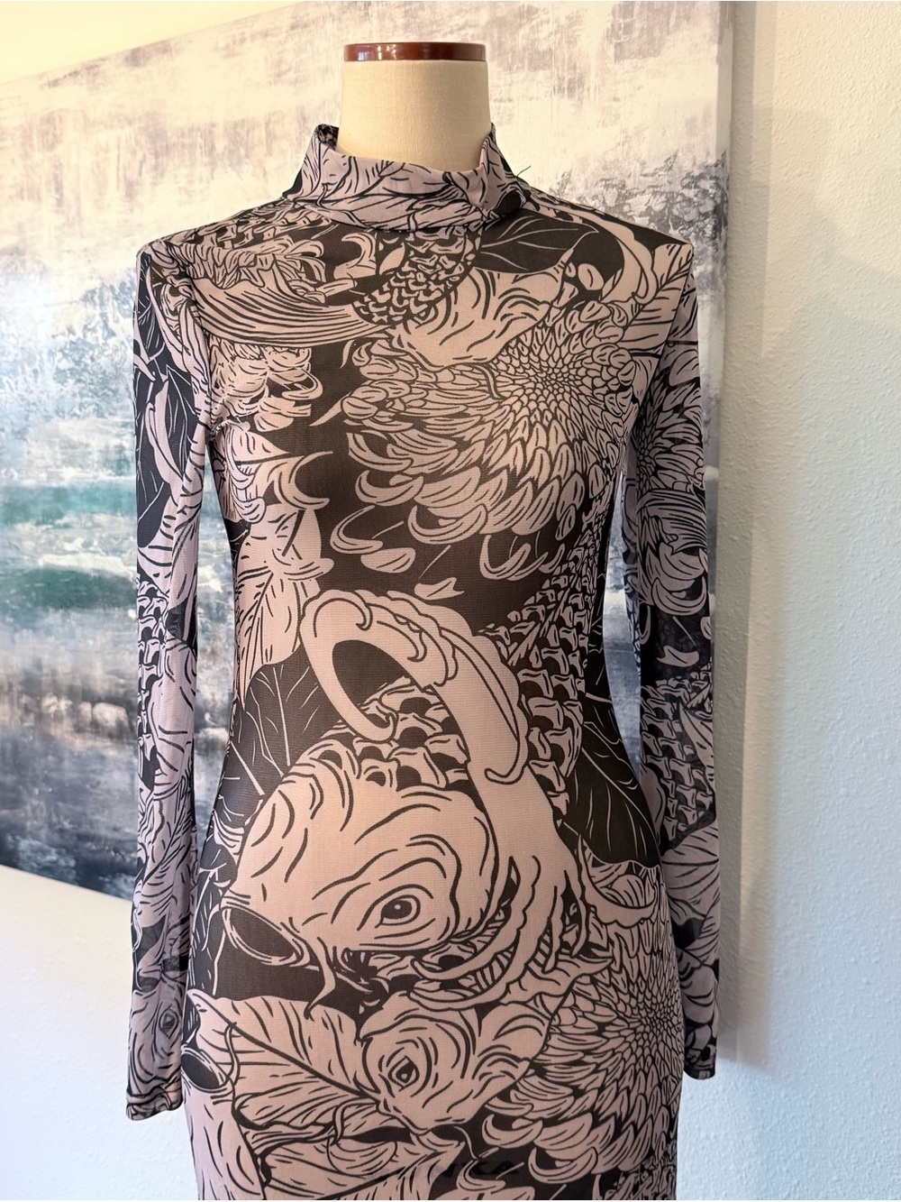 High Neck Long Sleeve Koi Print Sheer Mesh Bodycon
Maxi Dress Small *G* - Picture 6 of 9